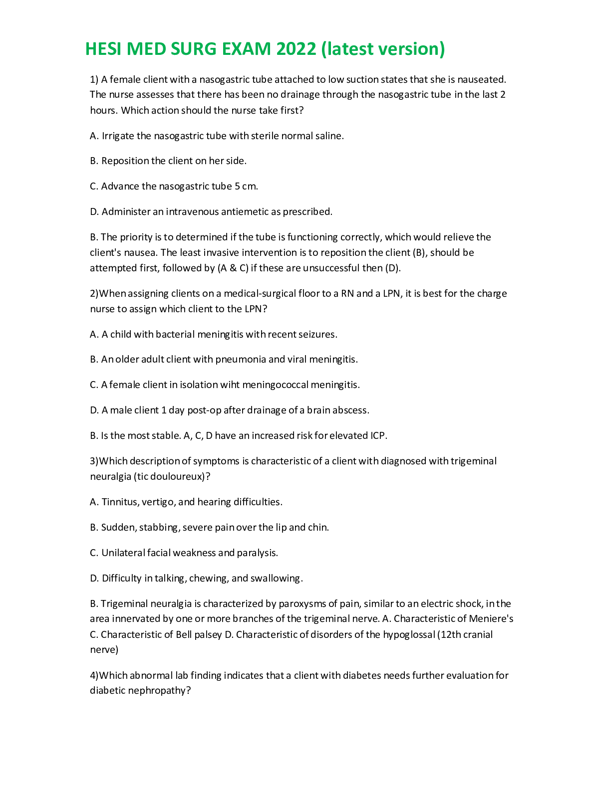 Preview image for HESI MED SURG EXAM (LATEST VERSION) Questions and Answers | 100% Correct paper